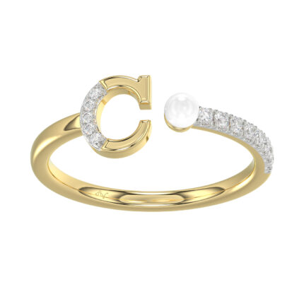 Women�S 10K Yellow Gold Letter �C� Diamond & Pearl Ring 0.10Ct Round Diamond Fine Jewelry