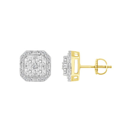 LADIES EARRINGS 0.25CT ROUND/BAGUETTE DIAMOND 10K YELLOW GOLD
