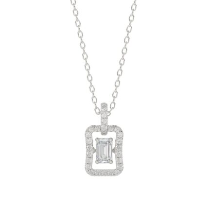 LADIES DANCING DIAMOND PENDANT WITH CHAIN 3/4CT ROUND/EMERALD DIAMOND 14K WHITE GOLD (CENTER STONE EMERALD DIAMOND 1/2CT)