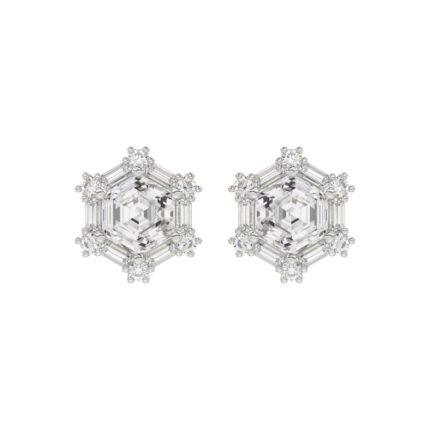 14K WHITE GOLD 1 1/4CT ROUND/BAGUETTE/HEZAGON STEP CUT DIAMOND LADIES EARRINGS
