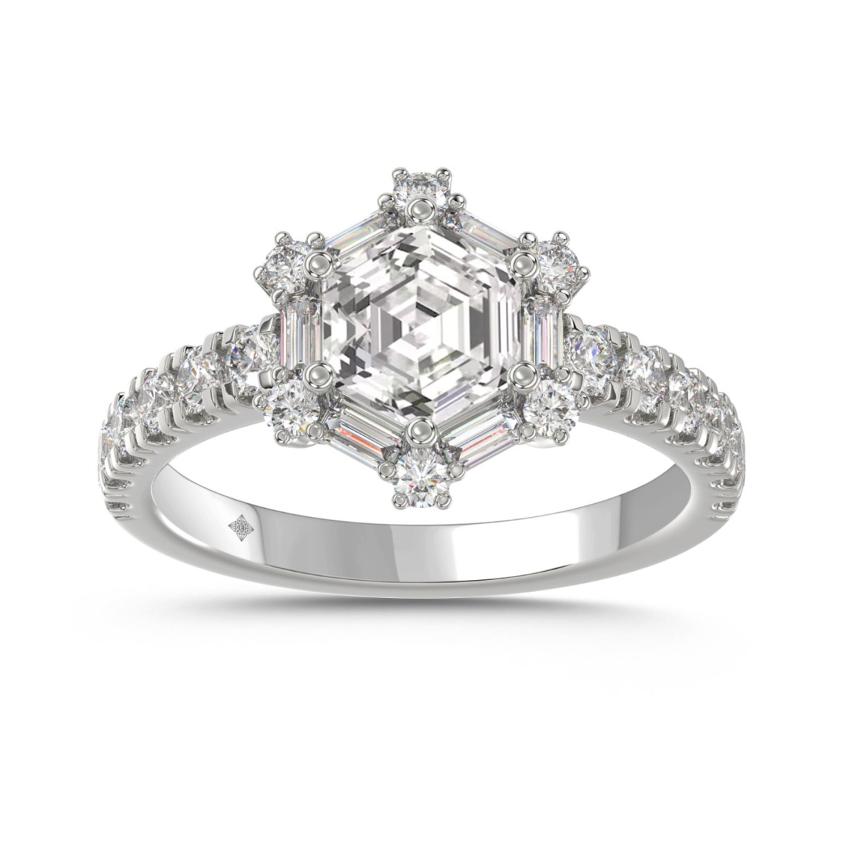 14K WHITE GOLD 1 3/4CT ROUND/BAGUETTE/HEZAGON STEP CUT DIAMOND LADIES RING 1 14K WHITE GOLD 1 3/4CT ROUND/BAGUETTE/HEZAGON STEP CUT DIAMOND LADIES RING - Image 1