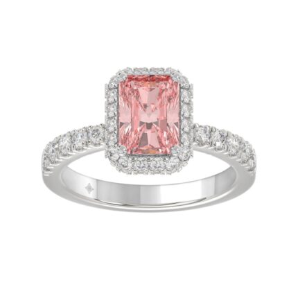 14K White Gold 4.00Ct Round Diamond Halo Ring For Women 3.00Ct Pink Radiant Cut Center Stone  With Round Diamond Halo (Color F-G -Clarity Vs1/Vs2)