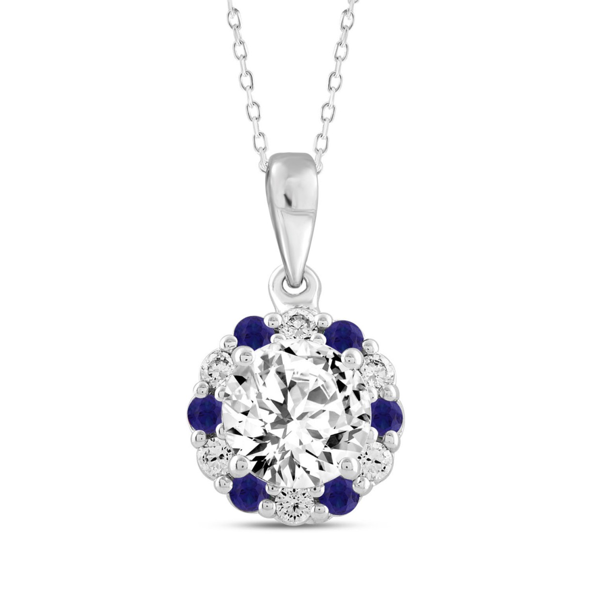 14K WHITE GOLD 1 1/4CT ROUND/ ROUND BLUE SAPPHIRE DIAMOND LADIES PENDANT (CENTER STONE ROUND DIAMOND 1CT) 1 14K WHITE GOLD 1 1/4CT ROUND/ ROUND BLUE SAPPHIRE DIAMOND LADIES PENDANT (CENTER STONE ROUND DIAMOND 1CT) - Image 1
