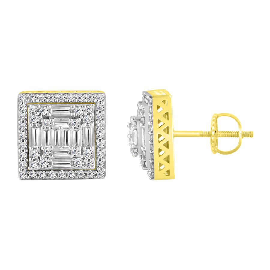 LADIES STUD EARRINGS 1.00CT ROUND/BAGUETTE DIAMOND 10K YELLOW GOLD 1 LADIES STUD EARRINGS 1.00CT ROUND/BAGUETTE DIAMOND 10K YELLOW GOLD - Image 1