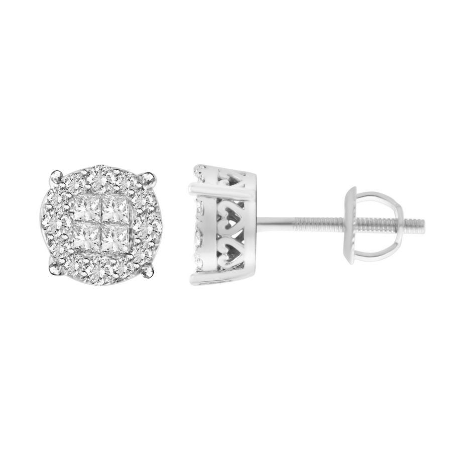 LADIES STUD EARRINGS 1.50CT ROUND/PRINCESS DIAMOND 14K WHITE GOLD 1 LADIES STUD EARRINGS 1.50CT ROUND/PRINCESS DIAMOND 14K WHITE GOLD - Image 1