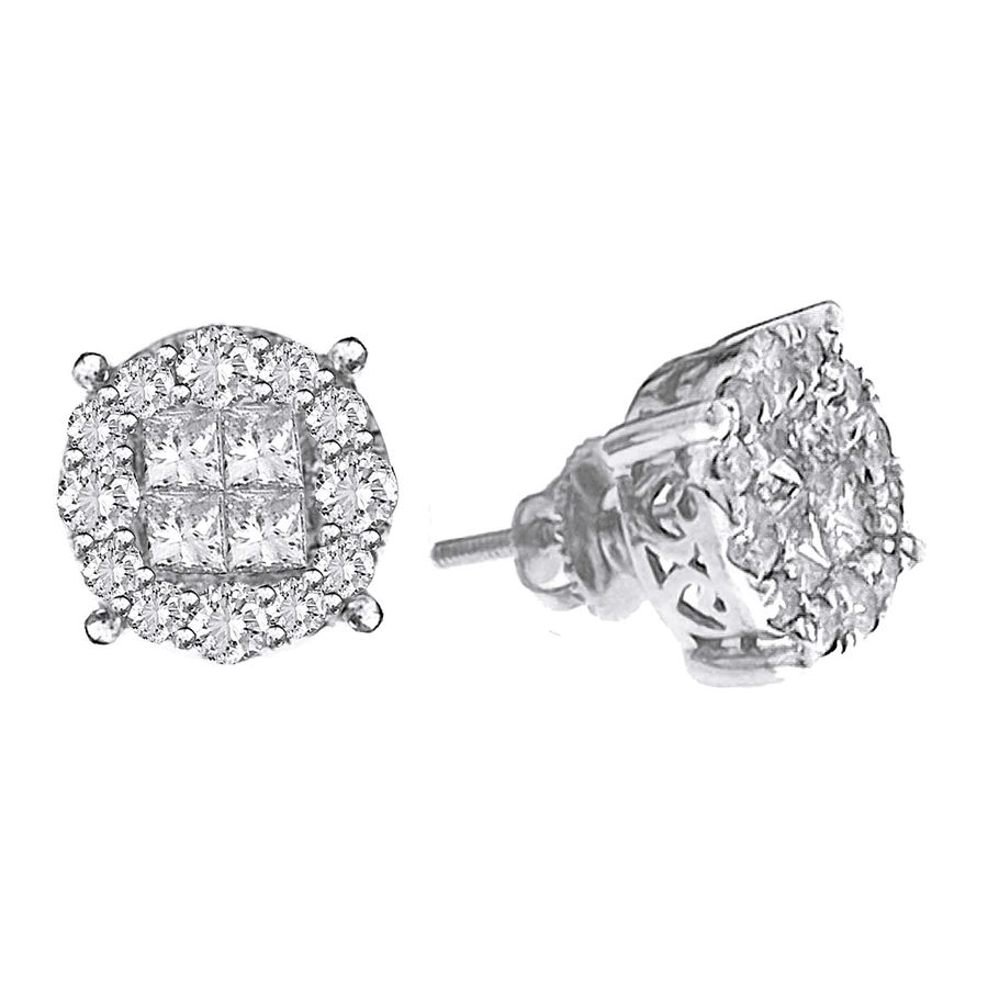 LADIES STUD EARRINGS 2.00CT ROUND/PRINCESS DIAMOND 14K WHITE GOLD 1 LADIES STUD EARRINGS 2.00CT ROUND/PRINCESS DIAMOND 14K WHITE GOLD - Image 1
