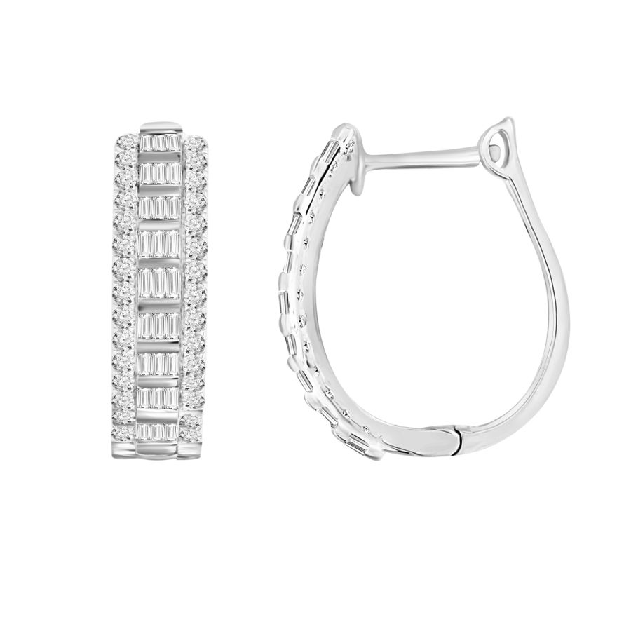 LADIES HOOP EARRINGS 1.00CT ROUND/BAGUETTE DIAMOND 10K WHITE GOLD 1 LADIES HOOP EARRINGS 1.00CT ROUND/BAGUETTE DIAMOND 10K WHITE GOLD - Image 1