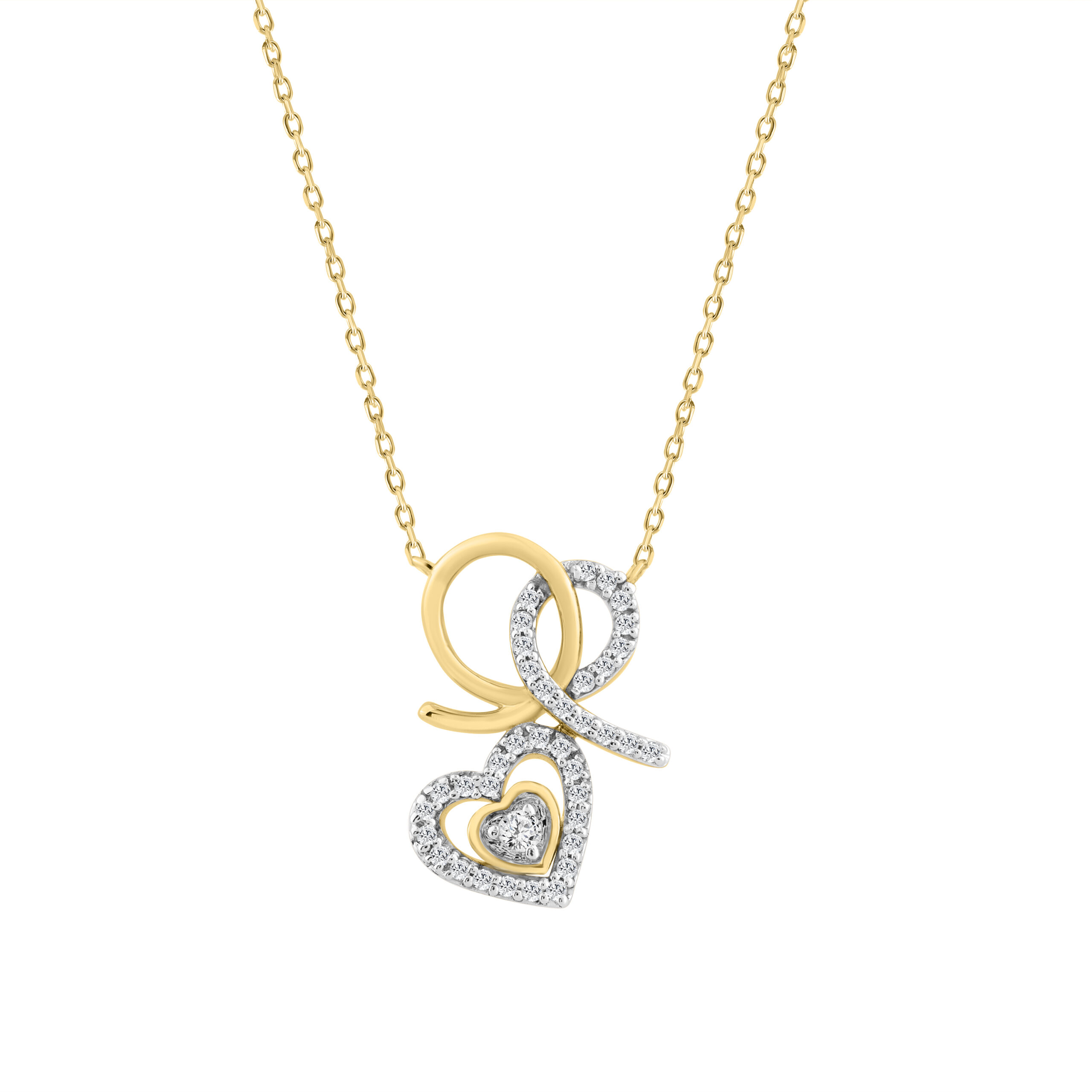 10K YELLOW GOLD DOUBLE HEART FASHION PENDANT WITH CHAIN FOR LADIES 0.15CT ROUND DIAMOND 1 10K YELLOW GOLD DOUBLE HEART FASHION PENDANT WITH CHAIN FOR LADIES 0.15CT ROUND DIAMOND - Image 1