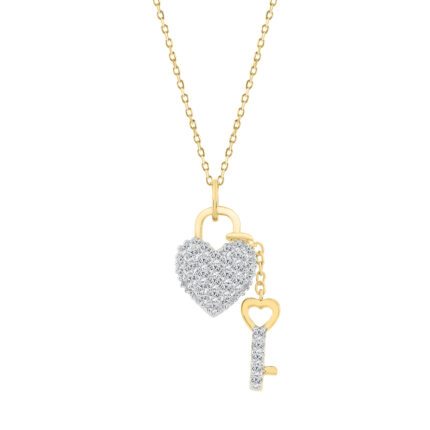 10K YELLOW GOLD LADIES HEART-SHAPED LOCK AND KEY PENDANT FEATURING 0.25CT ROUND DIAMOND, CHAIN INCLUDED