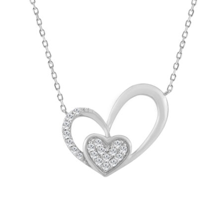 10K WHITE GOLD DOUBLE HEART DIAMOND PENDANT WITH CHAIN  0.15CT ROUND DIAMOND LADIES JEWELRY