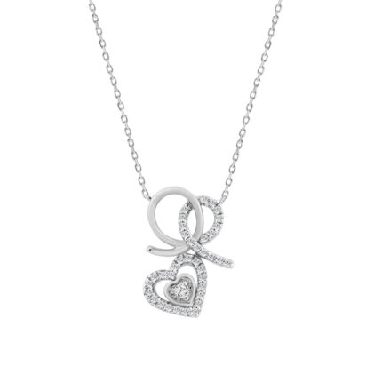 10K WHITE GOLD DOUBLE HEART FASHION PENDANT WITH CHAIN FOR LADIES 0.15CT ROUND DIAMOND