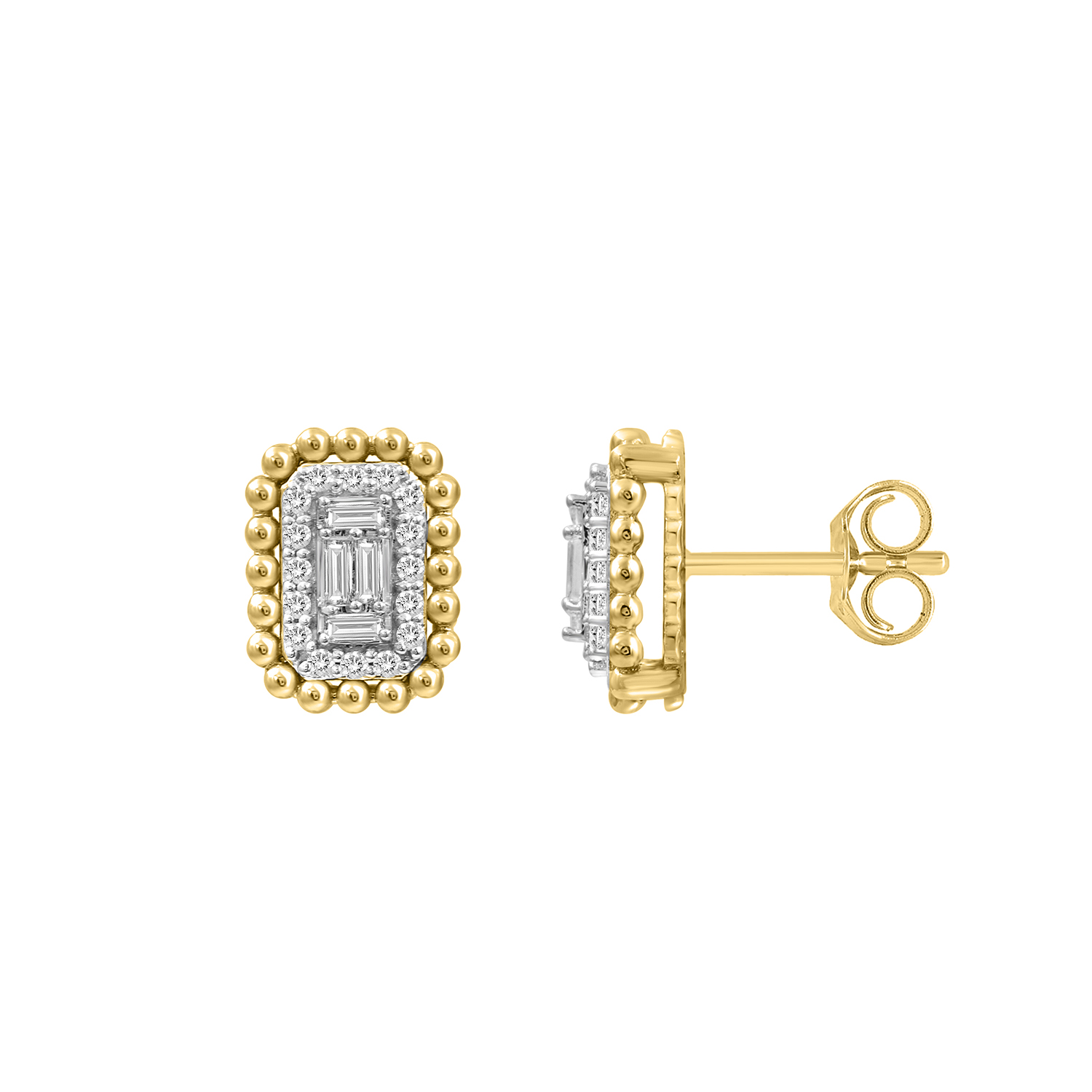 Elegant 0.25Ct Round Diamond Halo Earring With Chain For Women Baguette Center Cluster In 10K Yellow Gold 1 Elegant 0.25Ct Round Diamond Halo Earring With Chain For Women Baguette Center Cluster In 10K Yellow Gold - Image 1