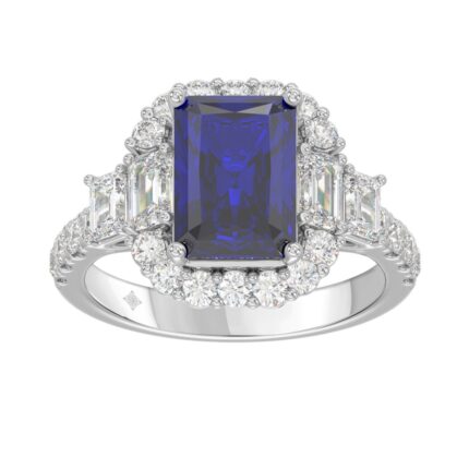 14K WHITE GOLD 4 1/2CT ROUND/EMERALD DIAMOND LADIES RING (CENTER STONE EMERALD BLUE SAPPHIRE DIAMOND 3CT)