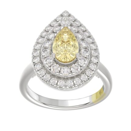 14K WHITE GOLD CRAFTED WITH 18K YELLOW GOLD SHANK  2 1/2CT ROUND/YELLOW PEAR DIAMOND LADIES RING