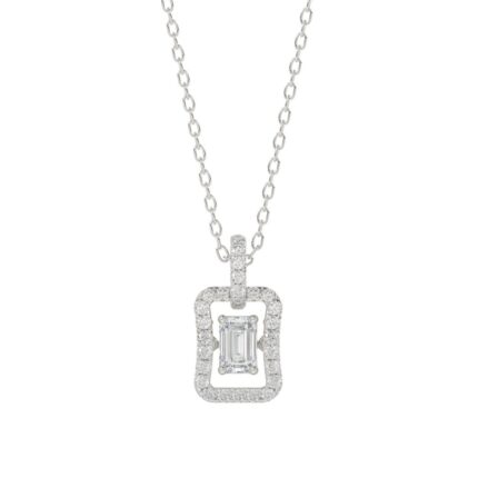 LADIES DANCING DIAMOND PENDANT WITH CHAIN 3/4CT ROUND/EMERALD DIAMOND 14K WHITE GOLD (CENTER STONE EMERALD DIAMOND 1/2CT)