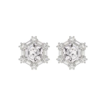 14K WHITE GOLD 1 1/4CT ROUND/BAGUETTE/HEZAGON STEP CUT DIAMOND LADIES EARRINGS