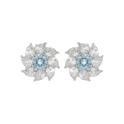 14K WHITE GOLD CRAFTED WITH 18K YELLOW GOLD BACK PLATE 2 5/8CT PEAR/BLUE CUSHION DIAMOND LADIES EARRINGS