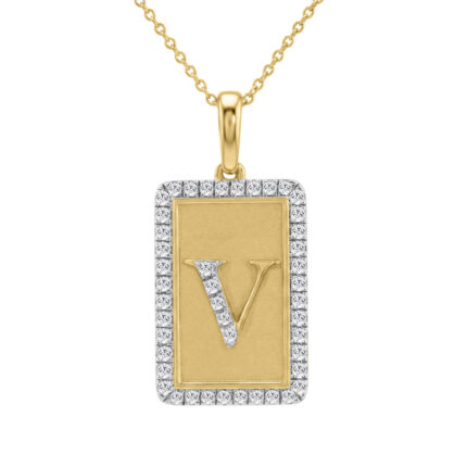 10K Yellow Gold letter 'V' Fashion Pendant With Chain - 0.20 CT Round Diamond Ladies Jewelry Gift