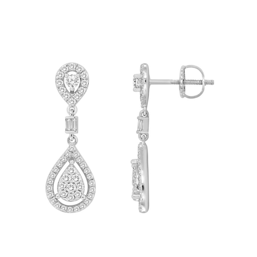 LADIES EARRINGS 0.75CT ROUND/BAGUETTE DIAMOND 14K WHITE GOLD 1 LADIES EARRINGS 0.75CT ROUND/BAGUETTE DIAMOND 14K WHITE GOLD - Image 1