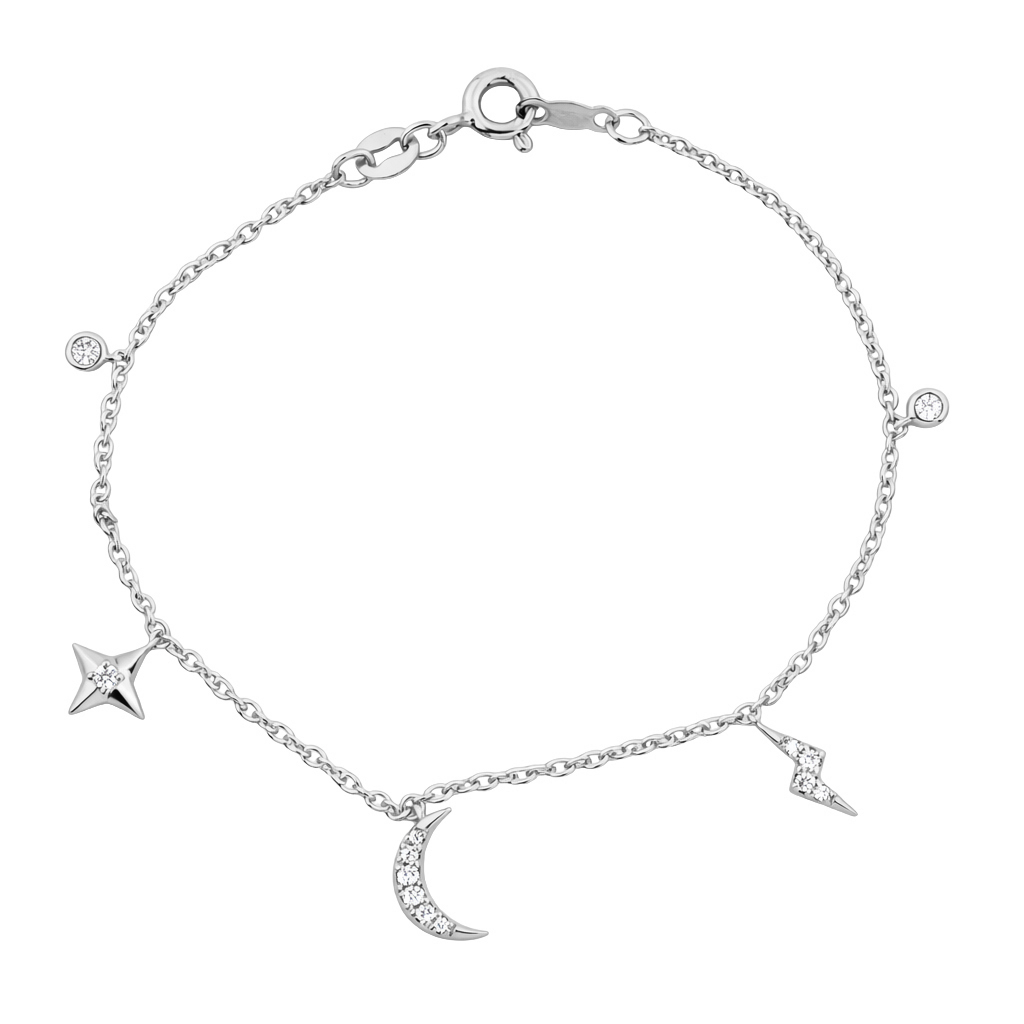 Women’S Sterling Silver White Bracelet – 0.20Ct Round Diamonds, Stars & Moon Design 1 Women’S Sterling Silver White Bracelet – 0.20Ct Round Diamonds, Stars & Moon Design - Image 1