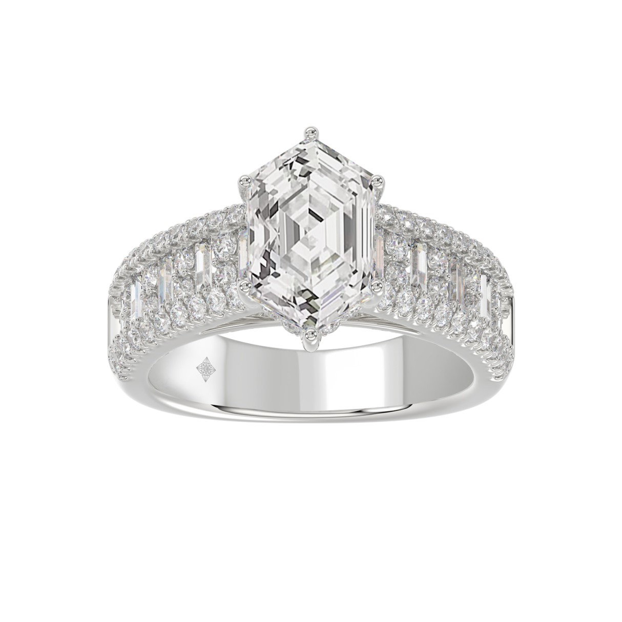 14K WHITE GOLD 3 1/2CT ROUND/BAGUETTE/HEXAGON DIAMOND LADIES RING 1 14K WHITE GOLD 3 1/2CT ROUND/BAGUETTE/HEXAGON DIAMOND LADIES RING - Image 1
