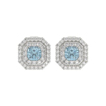 14K WHITE GOLD CRAFTED WITH 18K YELLOW GOLD BACK PLATE 1 1/2CT ROUND/BLUE CUSHION DIAMOND LADIES EARRINGS