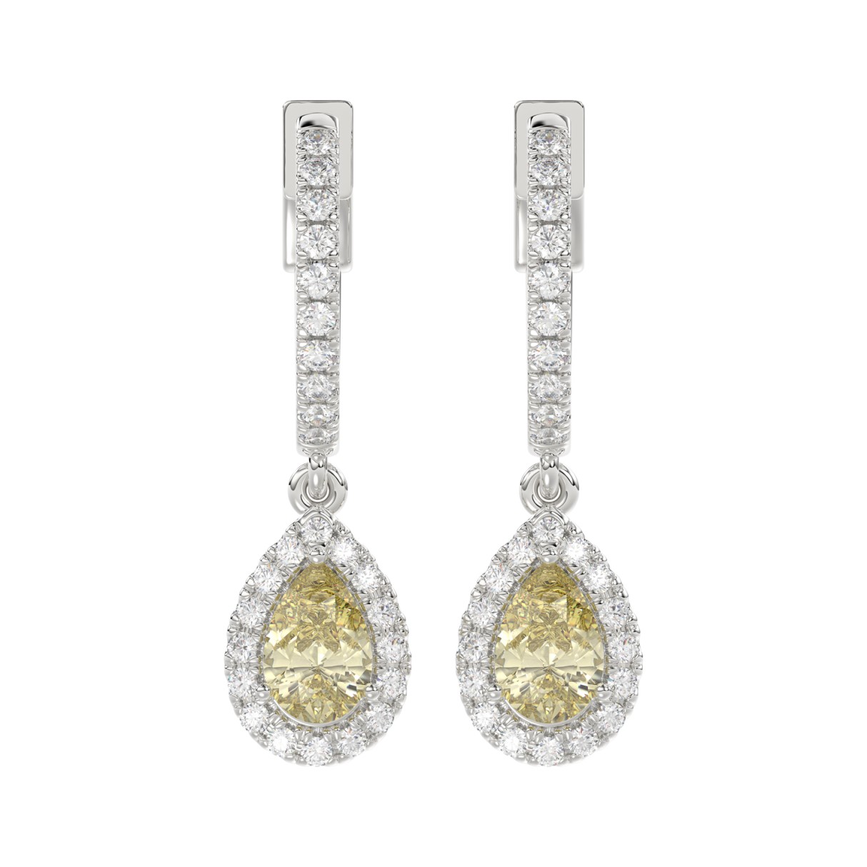 14K WHITE GOLD CRAFTED WITH 18K YELLOW GOLD BACK PLATE 1 1/2CT ROUND/YELLOW PEAR DIAMOND LADIES EARRINGS 1 14K WHITE GOLD CRAFTED WITH 18K YELLOW GOLD BACK PLATE 1 1/2CT ROUND/YELLOW PEAR DIAMOND LADIES EARRINGS - Image 1