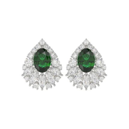 LADIES EARRINGS 4 1/2CT ROUND/MARQUISE/OVAL DIAMOND 14K WHITE GOLD (CENTER STONE GREEN EMERALD OVAL DIAMOND 2 1/2CT)