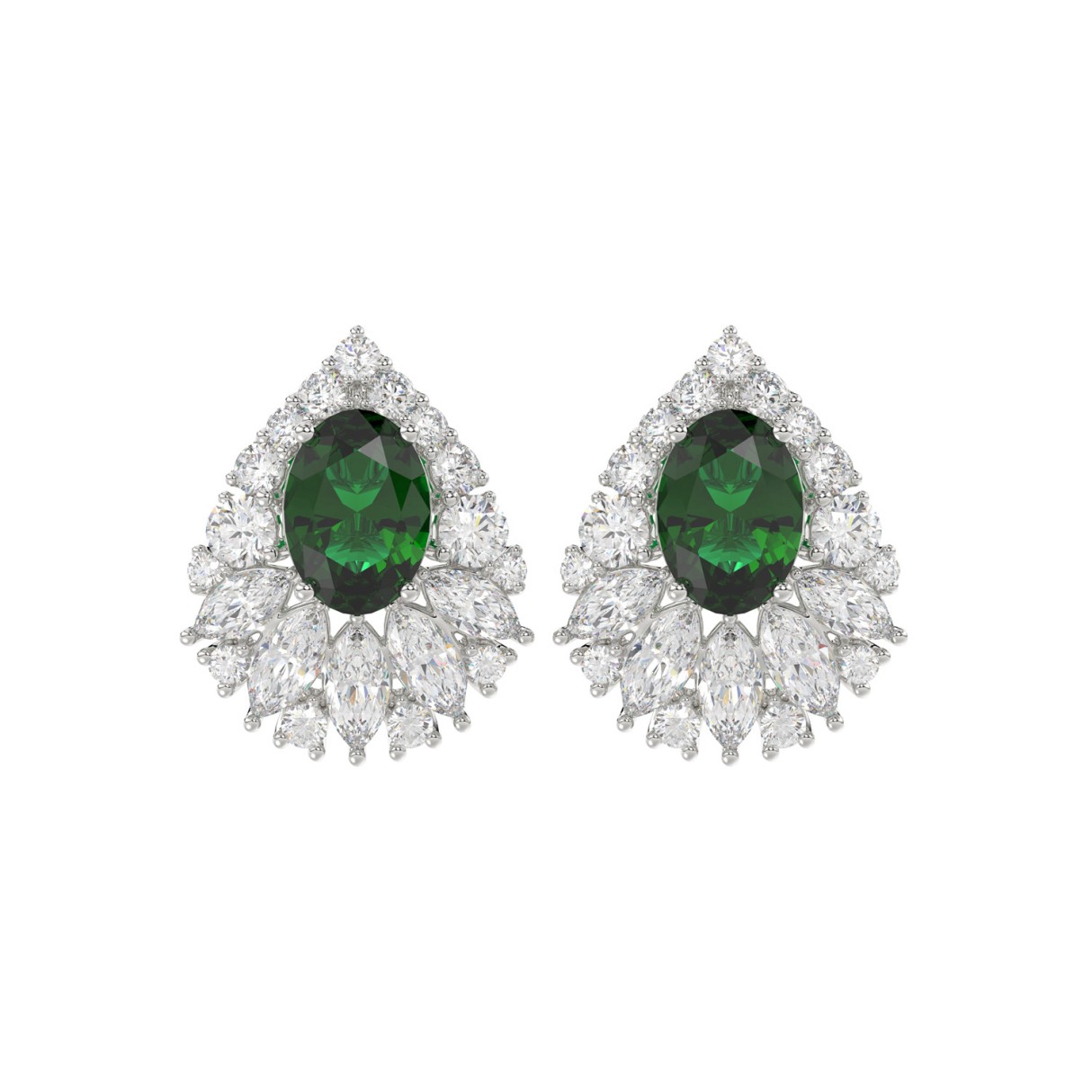 LADIES EARRINGS 4 1/2CT ROUND/MARQUISE/OVAL DIAMOND 14K WHITE GOLD (CENTER STONE GREEN EMERALD OVAL DIAMOND 2 1/2CT) 1 LADIES EARRINGS 4 1/2CT ROUND/MARQUISE/OVAL DIAMOND 14K WHITE GOLD (CENTER STONE GREEN EMERALD OVAL DIAMOND 2 1/2CT) - Image 1