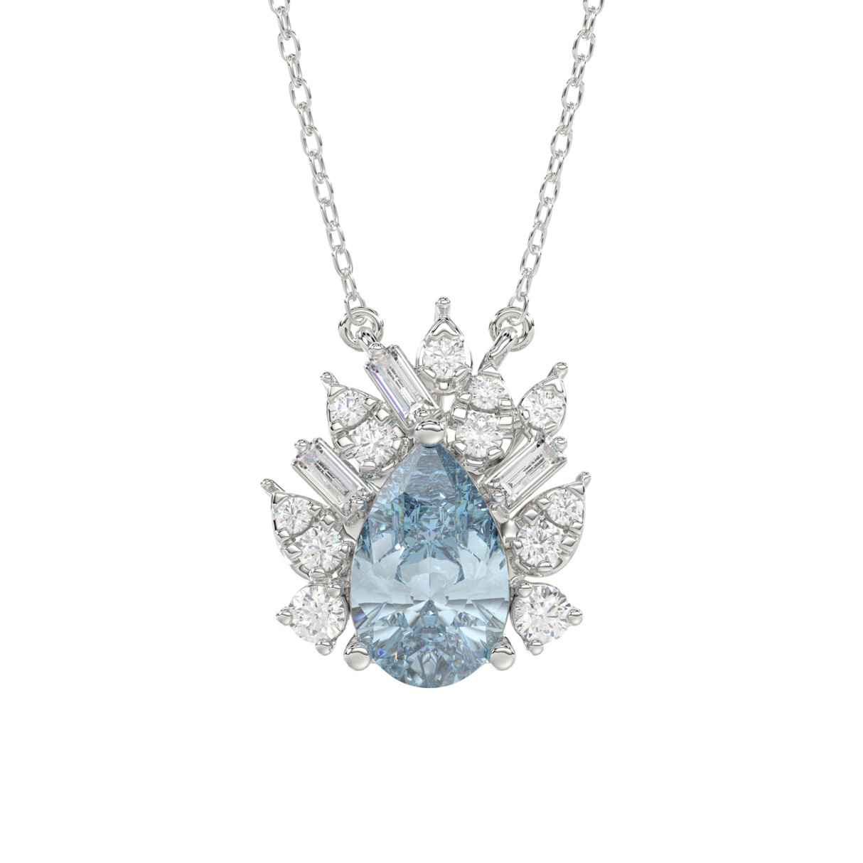 14K WHITE GOLD CRAFTED WITH 18K YELLOW GOLD BACK PLATE 1 1/4CT ROUND/BLUE PEAR/BAGUETTE DIAMOND LADIES NECKLACE WITH CHAIN 1 14K WHITE GOLD CRAFTED WITH 18K YELLOW GOLD BACK PLATE 1 1/4CT ROUND/BLUE PEAR/BAGUETTE DIAMOND LADIES NECKLACE WITH CHAIN - Image 1