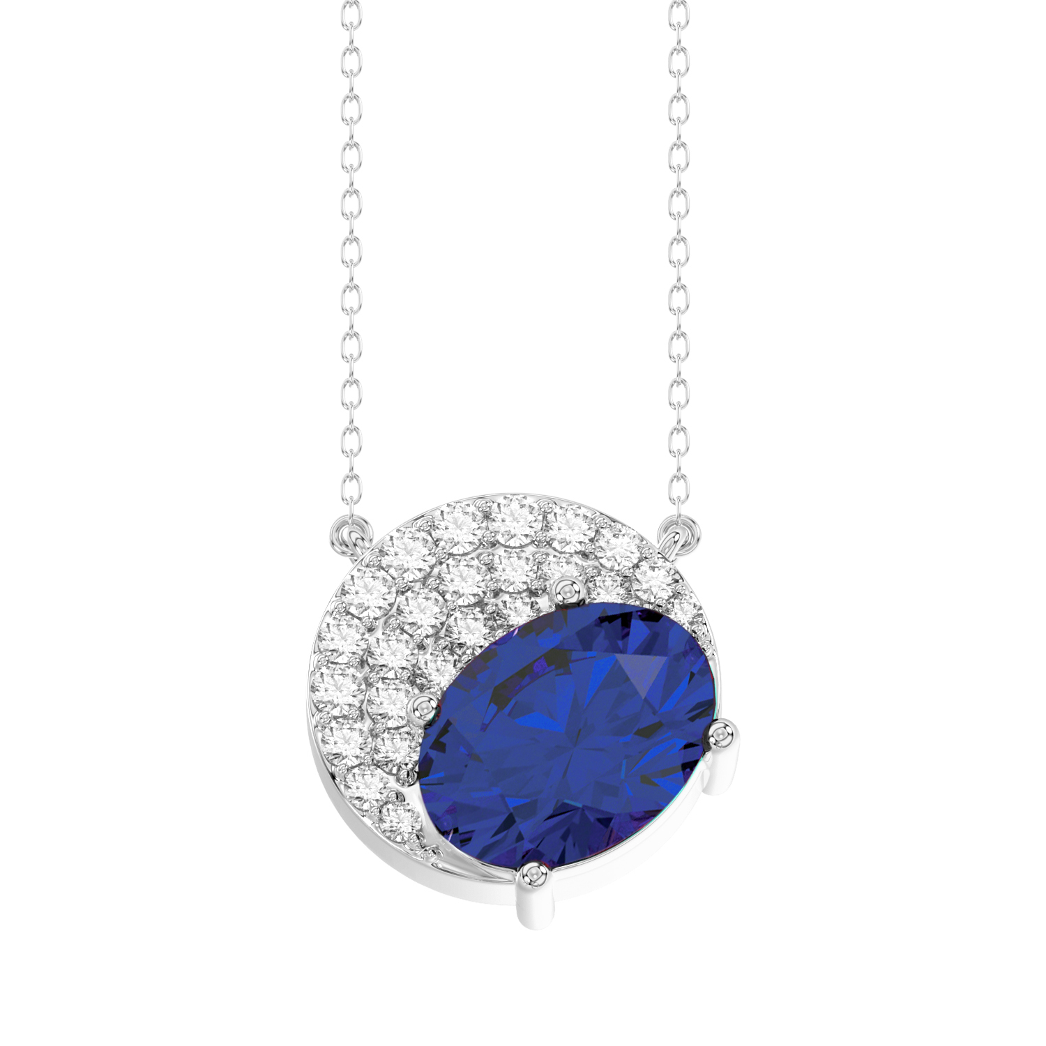 LADIES PENDANT WITH CHAIN 1.75CT ROUND/OVAL BLUE SAPPHIRE DIAMOND 14K WHITE GOLD (CENTER STONE OVAL BLUE SAPPHIRE DIAMOND-1.60CT) 1 LADIES PENDANT WITH CHAIN 1.75CT ROUND/OVAL BLUE SAPPHIRE DIAMOND 14K WHITE GOLD (CENTER STONE OVAL BLUE SAPPHIRE DIAMOND-1.60CT) - Image 1