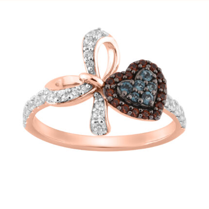 Women’S 14K Rose Gold Round Diamond Ring  0.50Ct Blue & Dark Brown With Heart-Shaped Cluster