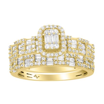 14K Yellow Gold Diamond Bridal Set 1.00CT Round & Baguette Cluster Engagement Ring & Wedding Band