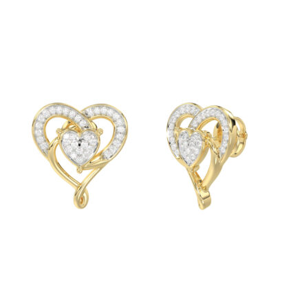 10K YELLOW GOLD DOUBLE HEART DIAMOND EARRINGS 0.15CT ROUND DIAMOND LADIES JEWELRY