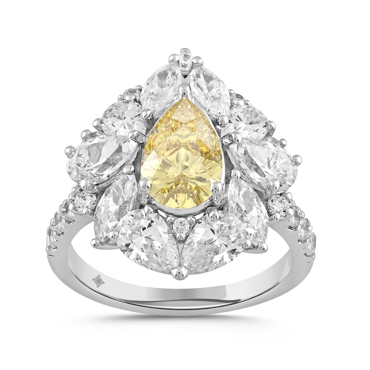14K WHITE GOLD 4 1/2CT ROUND/PEAR/MARQUISE DIAMOND LADIES RING (CENTER STONE YELLOW PEAR DIAMOND 2.00CT) 1 14K WHITE GOLD 4 1/2CT ROUND/PEAR/MARQUISE DIAMOND LADIES RING (CENTER STONE YELLOW PEAR DIAMOND 2.00CT) - Image 1