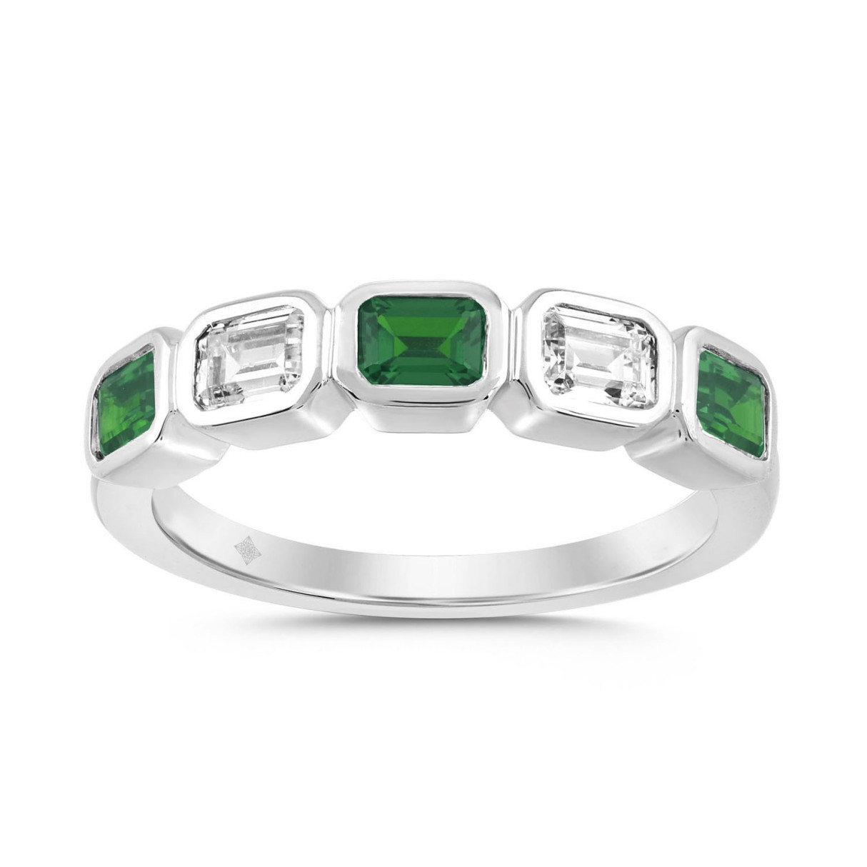 14K White Gold 1.00 CT Green Emerald & White Diamond Alternating Band Ring 1 14K White Gold 1.00 CT Green Emerald & White Diamond Alternating Band Ring - Image 1