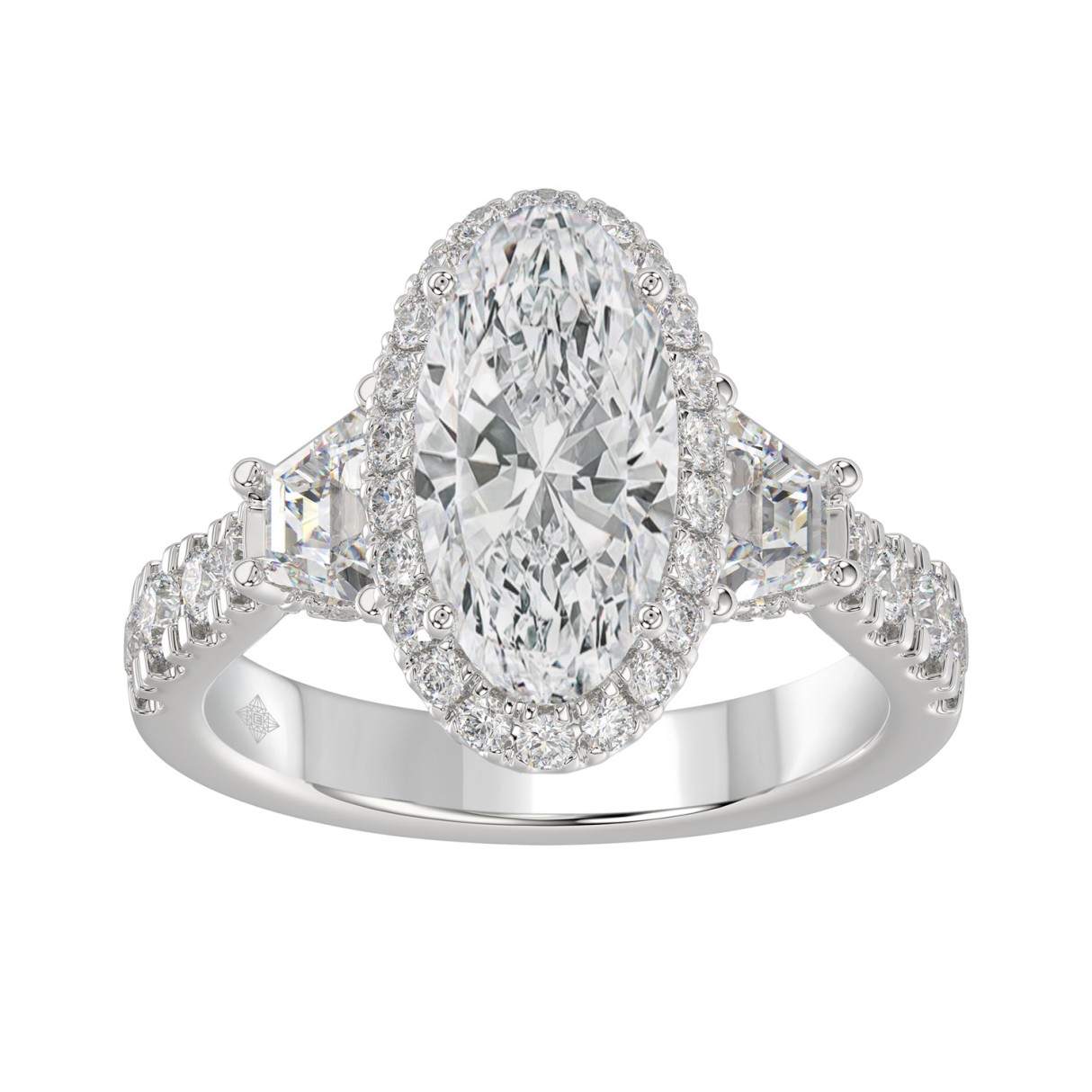 14K White Gold Halo Engagement Ring with Side Stones, 3 1/4CT Round, Baguette,Trapezoid Diamond & 2.00CT Oval Center stone (Color F-G -Clarity VS1/VS2 1 14K White Gold Halo Engagement Ring with Side Stones, 3 1/4CT Round, Baguette,Trapezoid Diamond & 2.00CT Oval Center stone (Color F-G -Clarity VS1/VS2 - Image 1