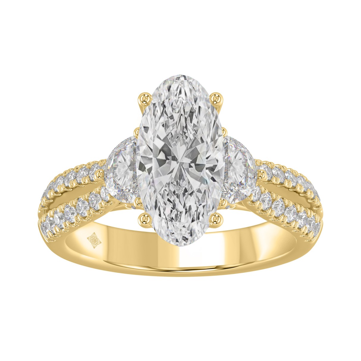 Ladies 14K Yellow Gold ladies Ring Featuring Round, Half-Moon & Baguette Diamonds 3.00CT Oval Center stone (Color F-G -Clarity VS1/VS2) 1 Ladies 14K Yellow Gold ladies Ring Featuring Round, Half-Moon & Baguette Diamonds 3.00CT Oval Center stone (Color F-G -Clarity VS1/VS2) - Image 1