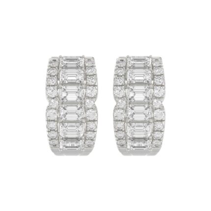 14K WHITE GOLD 1 3/4CT ROUND/EMERALD DIAMOND HOOP EARRINGS