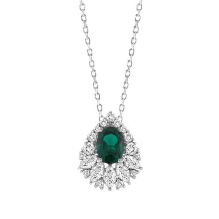 LADIES PENDANT 1CT ROUND/MARQUISE/OVAL DIAMOND 14K WHITE GOLD WITH CHAIN (CENTER STONE EMERALD OVAL DIAMOND (1 1/4CT)