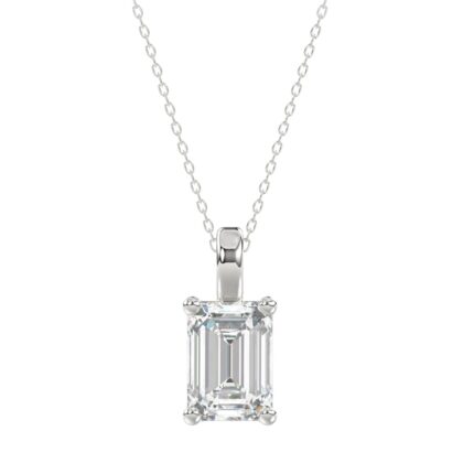 LADIES SOLITAIRE PENDANT WITH CHAIN 3CT EMERALD DIAMOND 14K WHITE GOLD