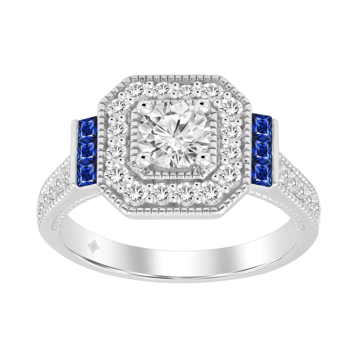 LADIES RING 1CT ROUND/PRINCESS BLUE SAPPHIRE DIAMOND 14K WHITE GOLD (CENTER STONE ROUND DIAMOND 1/6CT ) 1 LADIES RING 1CT ROUND/PRINCESS BLUE SAPPHIRE DIAMOND 14K WHITE GOLD (CENTER STONE ROUND DIAMOND 1/6CT ) - Image 1
