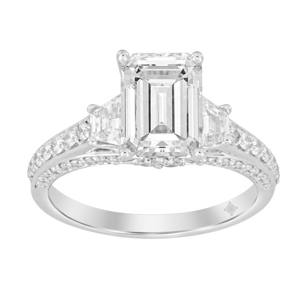 LADIES RING 3CT ROUND/EMERALD/TRAPEZOID DIAMOND 14K WHITE GOLD (CENTER STONE EMERALD DIAMOND 2CT ) 1 LADIES RING 3CT ROUND/EMERALD/TRAPEZOID DIAMOND 14K WHITE GOLD (CENTER STONE EMERALD DIAMOND 2CT ) - Image 1