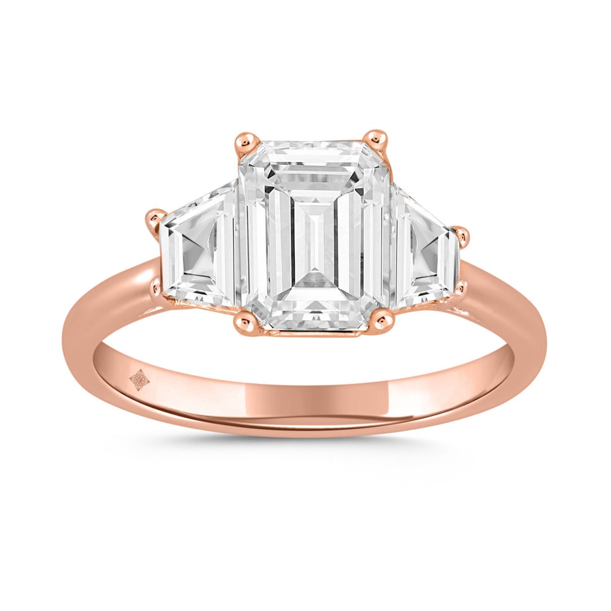 14K ROSE GOLD 3/4CT ROUND/TRAPEZOID DIAMOND LADIES RING (CENTER STONE EMERALD DIAMOND 2CT) 1 14K ROSE GOLD 3/4CT ROUND/TRAPEZOID DIAMOND LADIES RING (CENTER STONE EMERALD DIAMOND 2CT) - Image 1