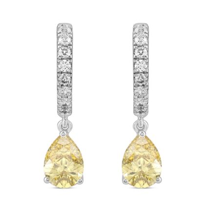 14K WHITE GOLD 2.00CT ROUND/YELLOW PEAR DIAMOND LADIES HOOP EARRINGS