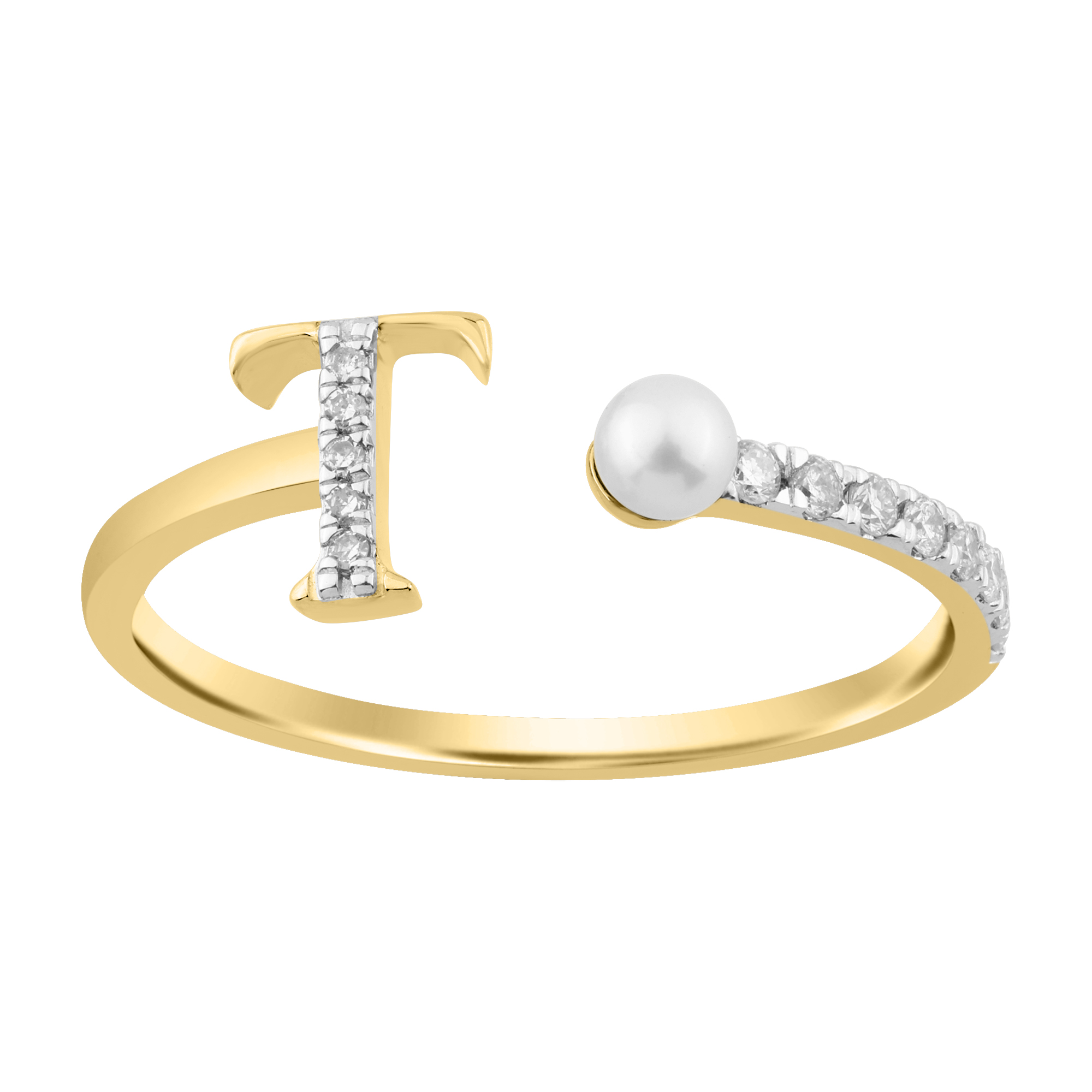 Women’S 10K Yellow Gold Letter “T” Diamond & Pearl Ring 0.10Ct Round Diamond Fine Jewelry 1 Women’S 10K Yellow Gold Letter “T” Diamond & Pearl Ring 0.10Ct Round Diamond Fine Jewelry - Image 1