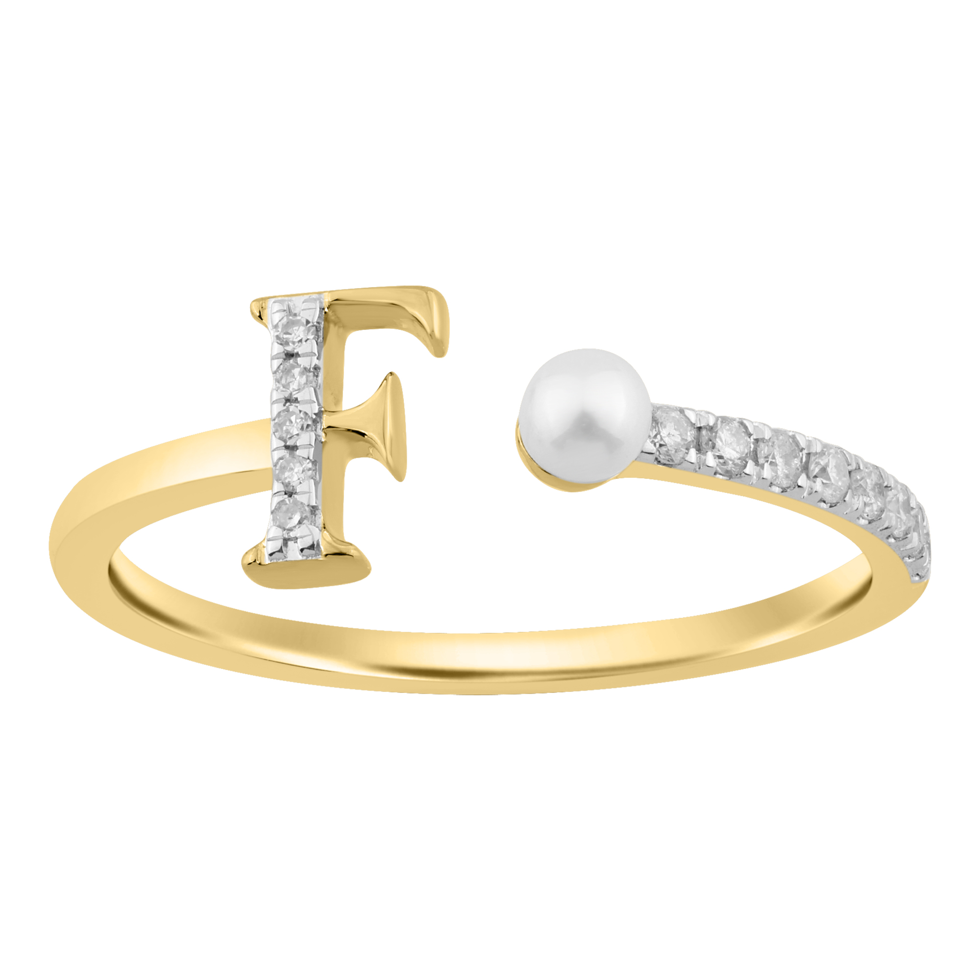 Women’S 10K Yellow Gold Letter “F” Diamond & Pearl Ring 0.10Ct Round Diamond Fine Jewelry 1 Women’S 10K Yellow Gold Letter “F” Diamond & Pearl Ring 0.10Ct Round Diamond Fine Jewelry - Image 1
