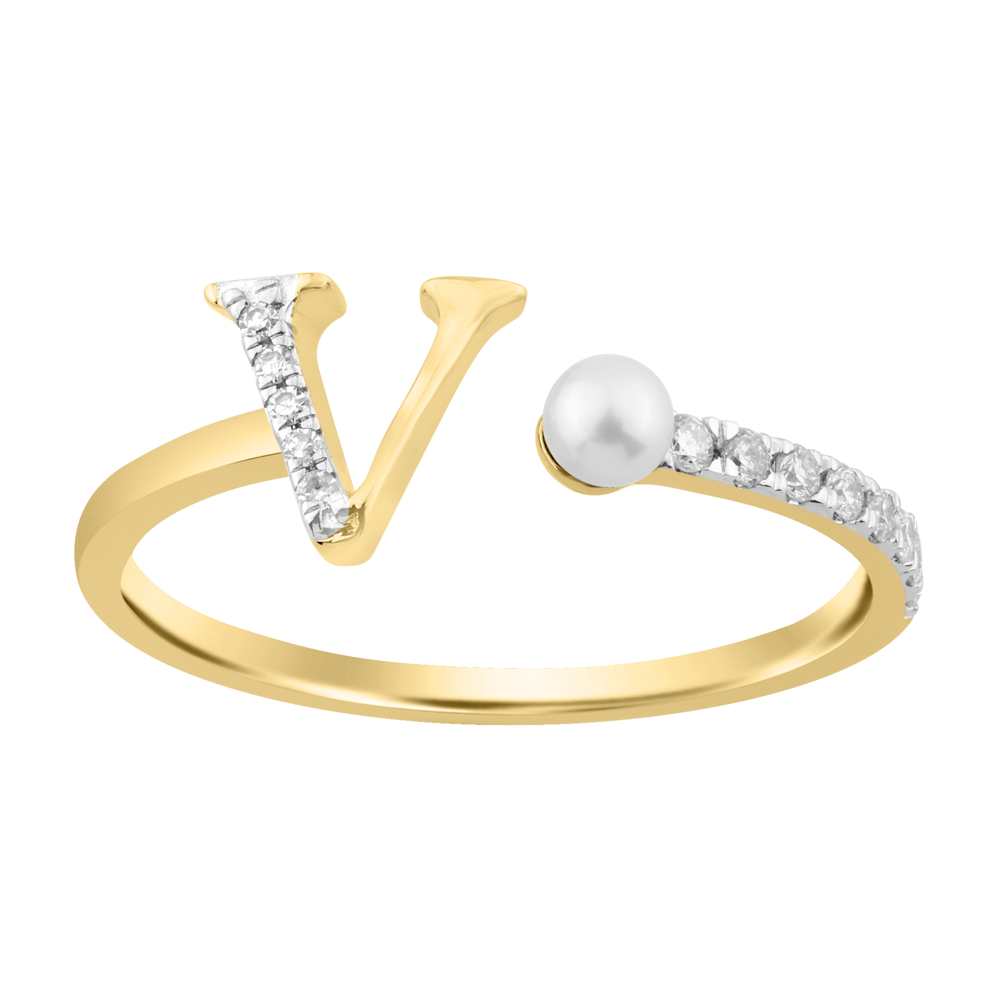 Women’S 10K Yellow Gold Letter “V” Diamond & Pearl Ring 0.10Ct Round Diamond Fine Jewelry 1 Women’S 10K Yellow Gold Letter “V” Diamond & Pearl Ring 0.10Ct Round Diamond Fine Jewelry - Image 1