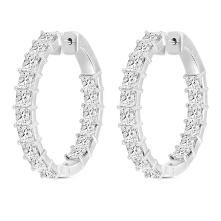 LADIES HOOP EARRINGS 7CT PRINCESS DIAMOND 14K WHITE GOLD