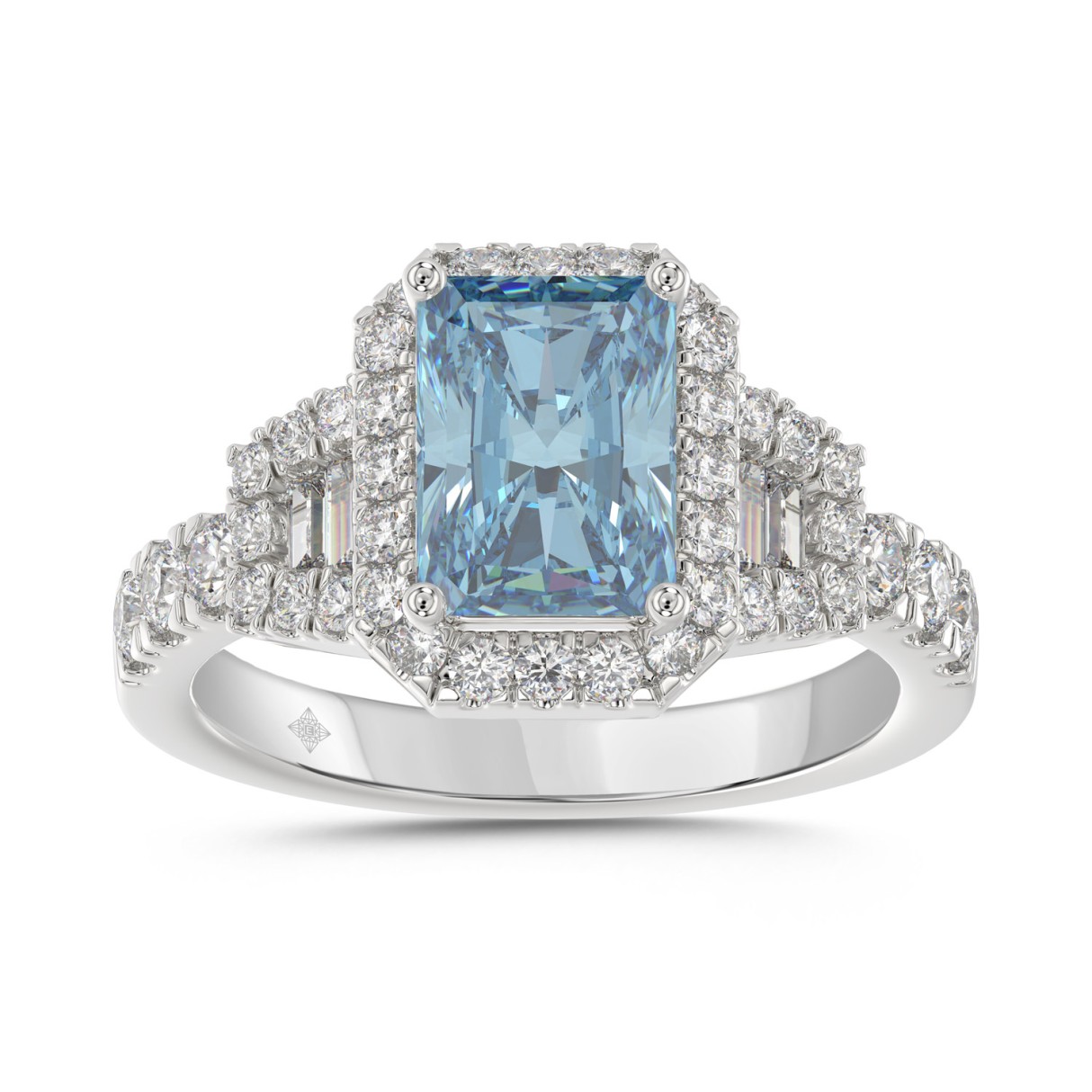 14K WHITE GOLD 2 3/4CT ROUND/BAGUETTE/RADIANT DIAMOND LADIES RING (CENTER STONE BLUE RADIANT DIAMOND 2.00CT) 1 14K WHITE GOLD 2 3/4CT ROUND/BAGUETTE/RADIANT DIAMOND LADIES RING (CENTER STONE BLUE RADIANT DIAMOND 2.00CT) - Image 1
